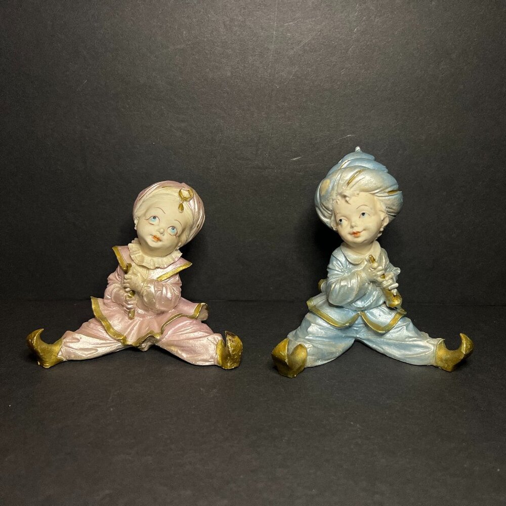 Vintage Set of 2 Ceramic Pink & Blue Genie Sultan Figurines Playing the Flute